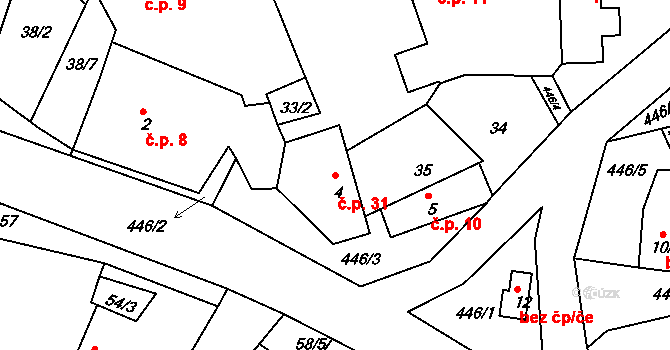 Hostěradice 31, Kamenný Přívoz na parcele st. 4 v KÚ Hostěradice, Katastrální mapa
