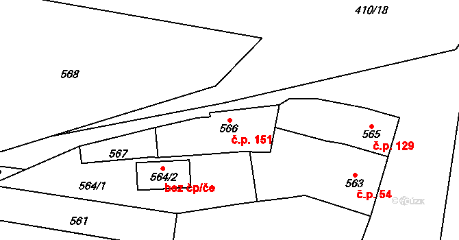 Měnín 151 na parcele st. 566 v KÚ Měnín, Katastrální mapa