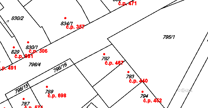 Rohatec 467 na parcele st. 792 v KÚ Rohatec, Katastrální mapa