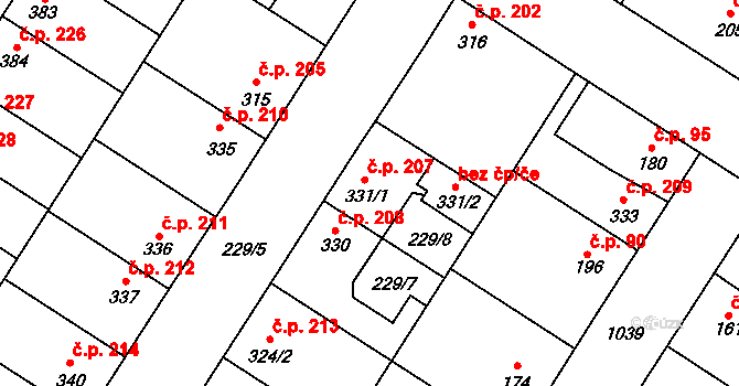 Humny 207, Pchery na parcele st. 331/1 v KÚ Pchery, Katastrální mapa