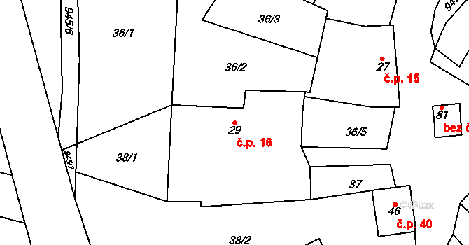 Lhota u Lysic 16 na parcele st. 29 v KÚ Lhota u Lysic, Katastrální mapa