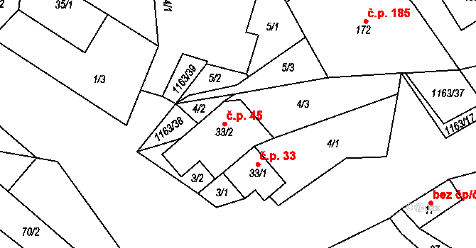 Chvalčov 45 na parcele st. 33/2 v KÚ Chvalčov, Katastrální mapa