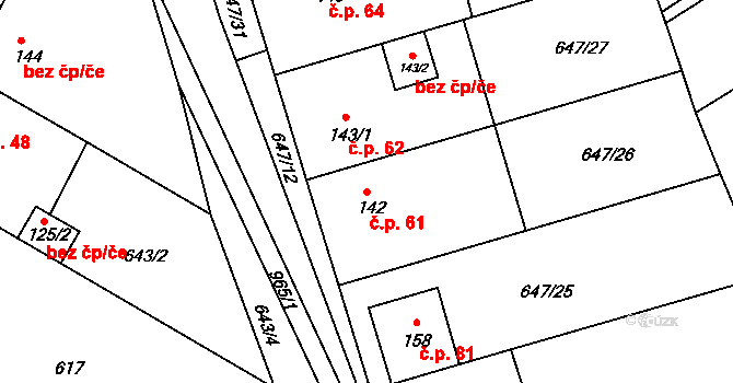 Milovice 61, Soběsuky na parcele st. 142 v KÚ Milovice, Katastrální mapa