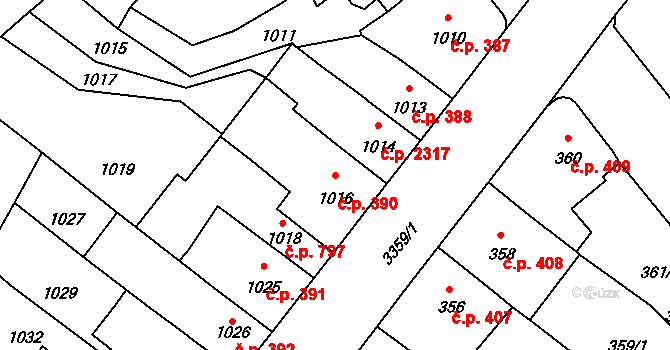 Pelhřimov 390 na parcele st. 1016 v KÚ Pelhřimov, Katastrální mapa