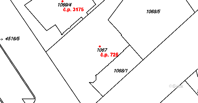 Teplice 725 na parcele st. 1067 v KÚ Teplice, Katastrální mapa
