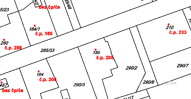 Libiš 205 na parcele st. 185 v KÚ Libiš, Katastrální mapa