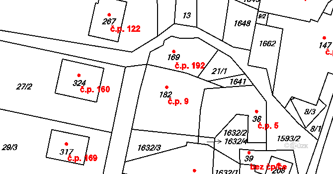 Ústí 9 na parcele st. 182 v KÚ Ústí u Vsetína, Katastrální mapa