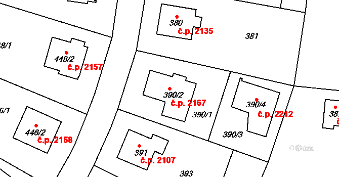 Komořany 2167, Praha na parcele st. 390/2 v KÚ Komořany, Katastrální mapa
