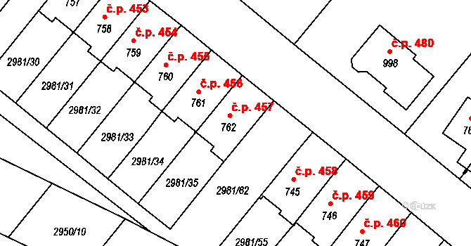 Kunžak 457 na parcele st. 762 v KÚ Kunžak, Katastrální mapa