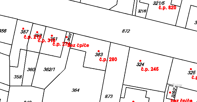Bohnice 280, Praha na parcele st. 363 v KÚ Bohnice, Katastrální mapa