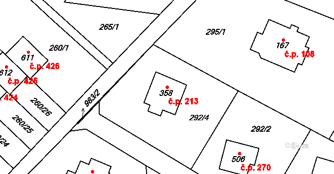 Podhůří 213, Vrchlabí na parcele st. 358 v KÚ Podhůří-Harta, Katastrální mapa