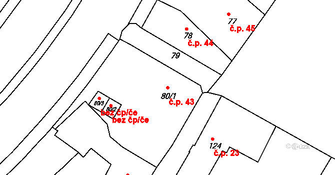 Bílina 43 na parcele st. 80/1 v KÚ Bílina, Katastrální mapa