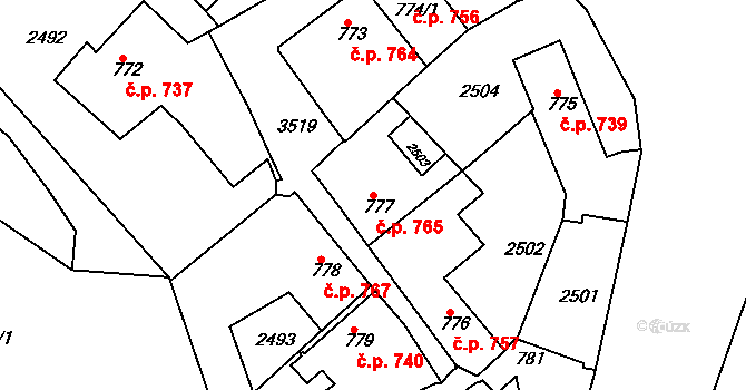 Rosice 765 na parcele st. 777 v KÚ Rosice u Brna, Katastrální mapa