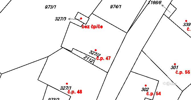 Bělušice 47 na parcele st. 327/2 v KÚ Bělušice, Katastrální mapa