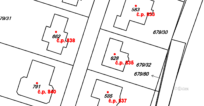 Hlubočinka 835, Sulice na parcele st. 628 v KÚ Sulice, Katastrální mapa