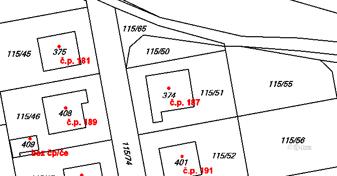 Tmaň 187 na parcele st. 374 v KÚ Tmaň, Katastrální mapa
