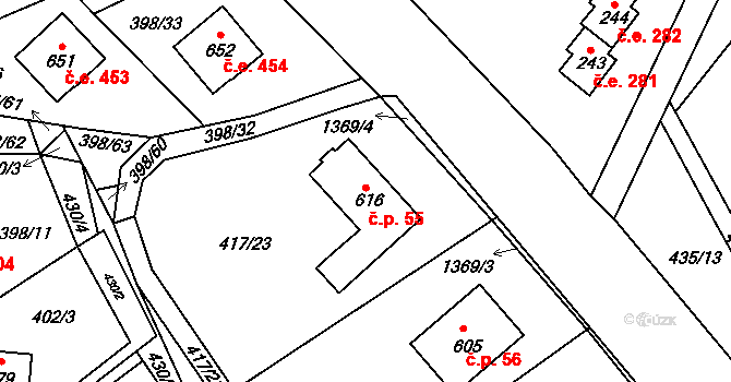 Klenovice 55, Milešov na parcele st. 616 v KÚ Orlické Zlákovice, Katastrální mapa