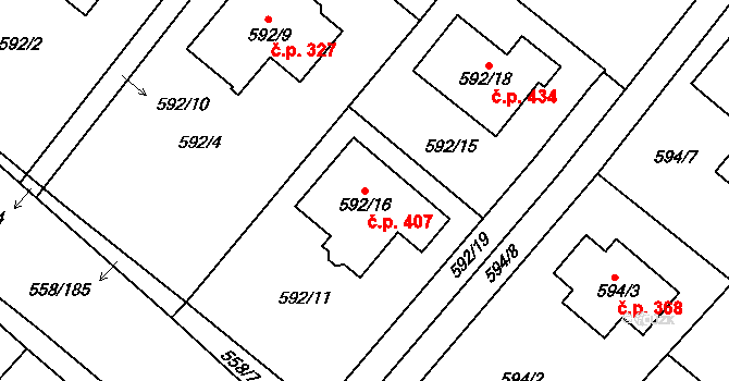 Chotíkov 407 na parcele st. 592/16 v KÚ Chotíkov, Katastrální mapa