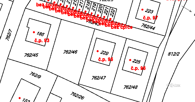 Horní Záhoří 95, Záhoří na parcele st. 229 v KÚ Horní Záhoří u Písku, Katastrální mapa