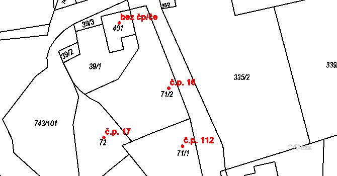 Škrdlovice 16 na parcele st. 71/2 v KÚ Škrdlovice, Katastrální mapa