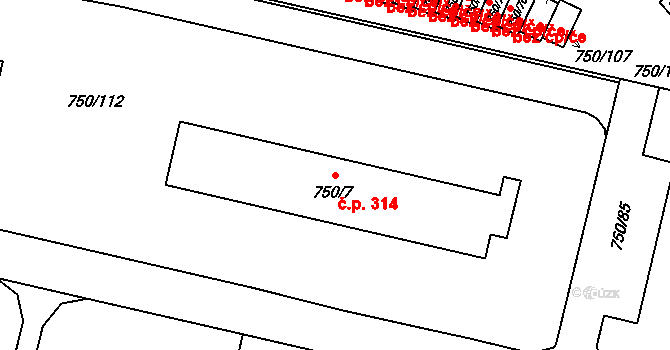 Dolní Benešov 314 na parcele st. 750/7 v KÚ Dolní Benešov, Katastrální mapa
