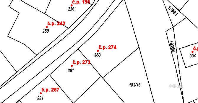 Březová 274 na parcele st. 360 v KÚ Březová u Uherského Brodu, Katastrální mapa