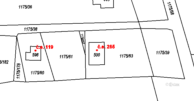Vranov nad Dyjí 265 na parcele st. 500 v KÚ Vranov nad Dyjí, Katastrální mapa