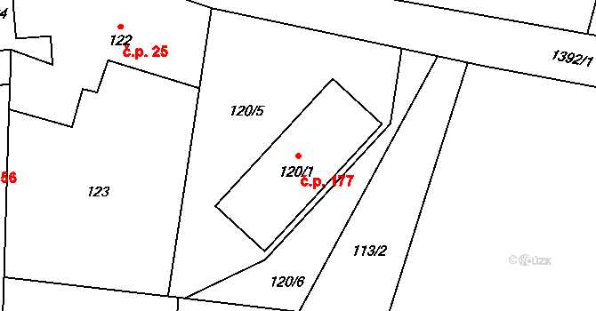 Horní Žukov 177, Český Těšín na parcele st. 120/1 v KÚ Horní Žukov, Katastrální mapa