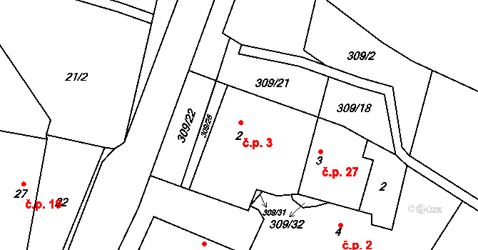 Kozomín 3 na parcele st. 2 v KÚ Kozomín, Katastrální mapa