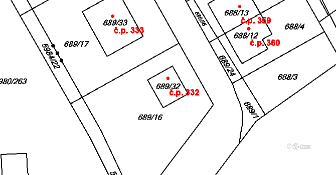 Březenec 332, Jirkov na parcele st. 689/32 v KÚ Březenec, Katastrální mapa