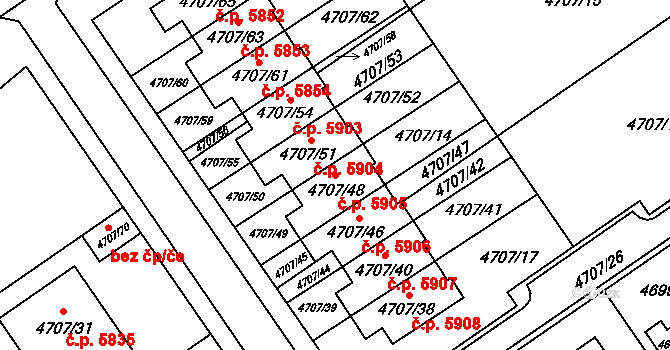 Chomutov 5905 na parcele st. 4707/48 v KÚ Chomutov I, Katastrální mapa