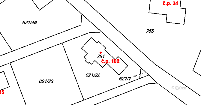 Halouny 102, Svinaře na parcele st. 731 v KÚ Svinaře, Katastrální mapa