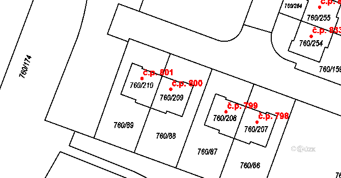Letňany 800, Praha na parcele st. 760/209 v KÚ Letňany, Katastrální mapa