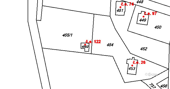Přerov XIII-Penčice 122, Přerov na parcele st. 455/2 v KÚ Penčičky, Katastrální mapa