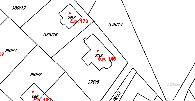 Merklín 148 na parcele st. 238 v KÚ Merklín u Karlových Var, Katastrální mapa