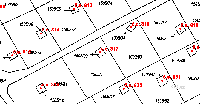 Arnultovice 817, Nový Bor na parcele st. 1505/33 v KÚ Arnultovice u Nového Boru, Katastrální mapa