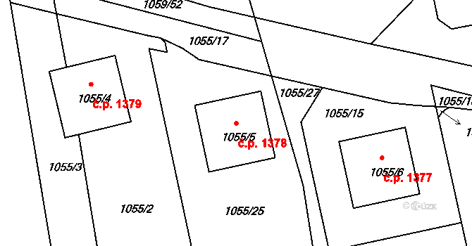 Úvaly 1378 na parcele st. 1055/5 v KÚ Úvaly u Prahy, Katastrální mapa