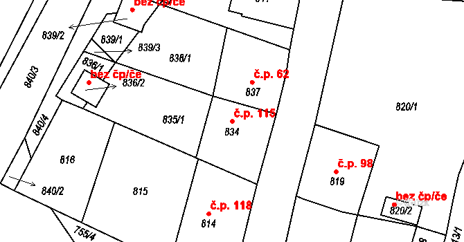 Zaječov 115 na parcele st. 834 v KÚ Zaječov, Katastrální mapa