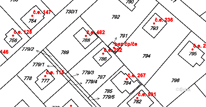 Hlásná Třebaň 292 na parcele st. 786 v KÚ Hlásná Třebaň, Katastrální mapa