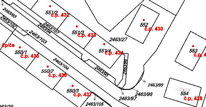 Bor 434 na parcele st. 551/4 v KÚ Bor u Tachova, Katastrální mapa
