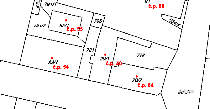 Černožice 40 na parcele st. 20/1 v KÚ Černožice nad Labem, Katastrální mapa