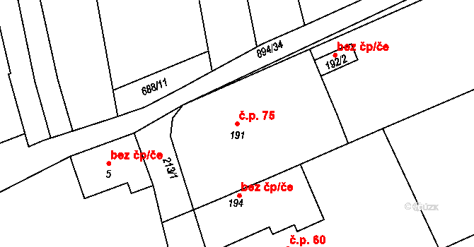 Medlov 75, Zborovice na parcele st. 191 v KÚ Medlov u Zborovic, Katastrální mapa