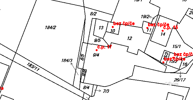 Konětopy 17, Milín na parcele st. 9/4 v KÚ Konětopy u Příbramě, Katastrální mapa