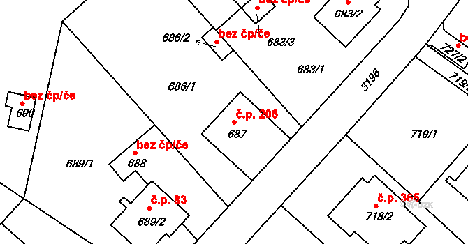 Strkov 206, Planá nad Lužnicí na parcele st. 687 v KÚ Planá nad Lužnicí, Katastrální mapa
