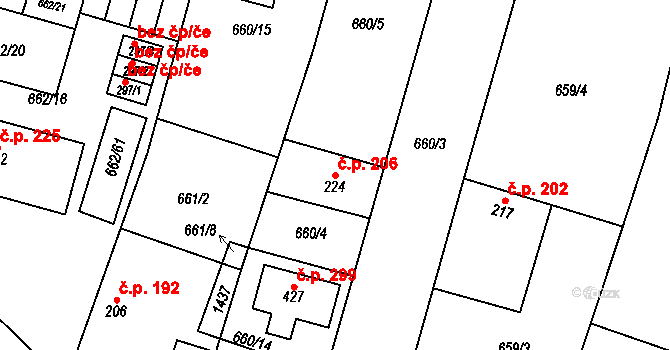 Krchleby 206 na parcele st. 224 v KÚ Krchleby u Nymburka, Katastrální mapa