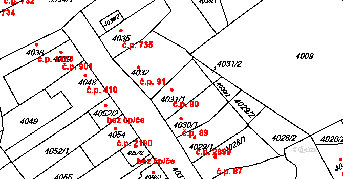 Královo Pole 90, Brno na parcele st. 4031/1 v KÚ Královo Pole, Katastrální mapa