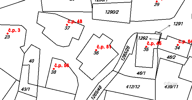Černovice 51 na parcele st. 36 v KÚ Černovice u Kunštátu, Katastrální mapa