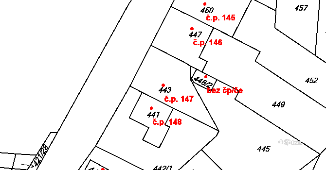 Hudcov 147, Teplice na parcele st. 443 v KÚ Hudcov, Katastrální mapa