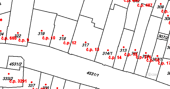 Teplice 13 na parcele st. 317 v KÚ Teplice, Katastrální mapa