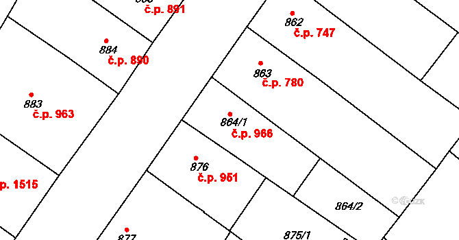 Teplice 966 na parcele st. 864/1 v KÚ Teplice, Katastrální mapa